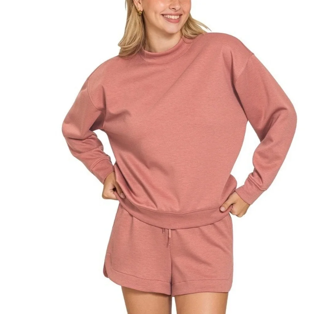 New Zenana Rose‎ Pink Medium Scuba Pullover Long Slv Lounge Short Set ROTP-4127Y